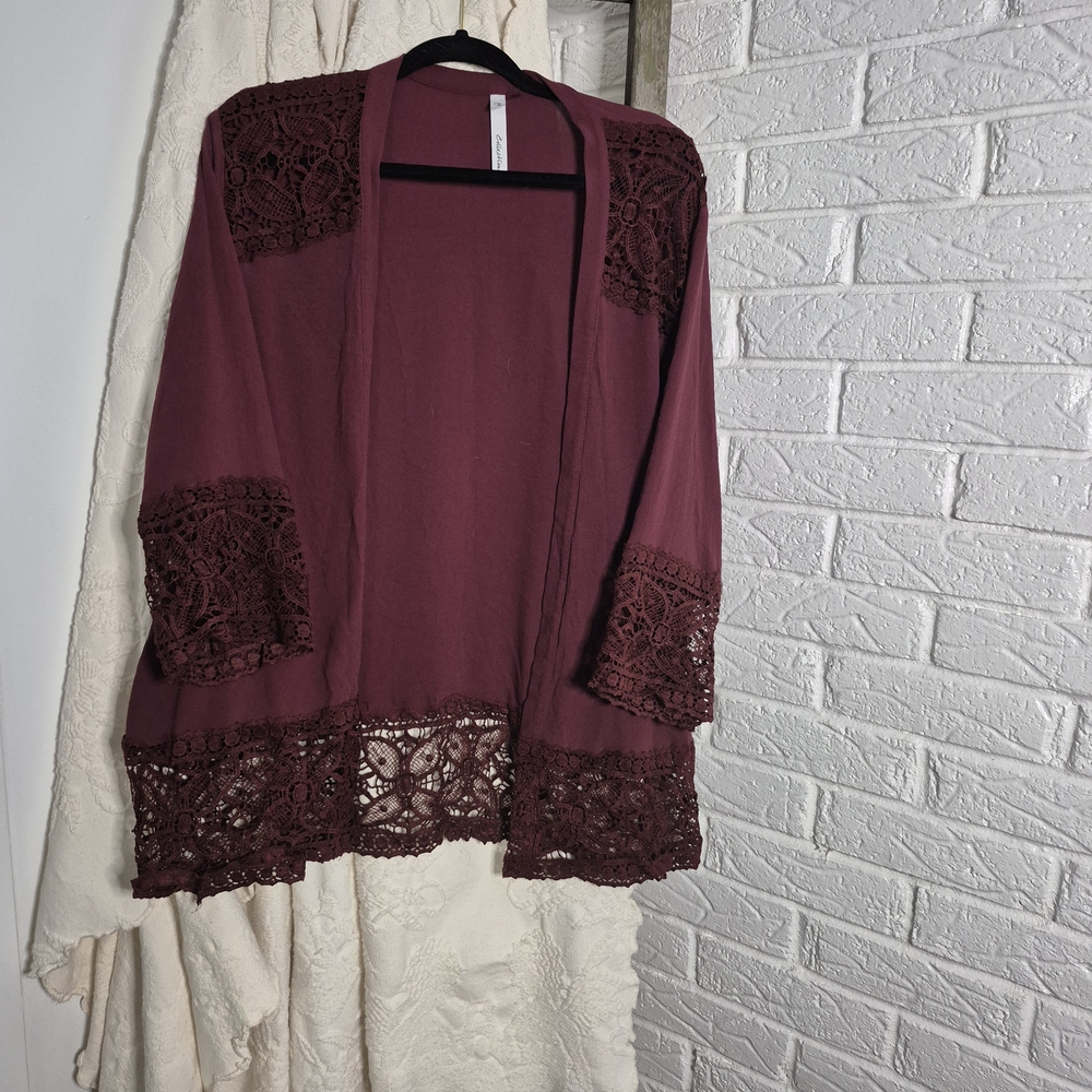 NY Collection Deep Burgundy Lace-Trim Cardigan